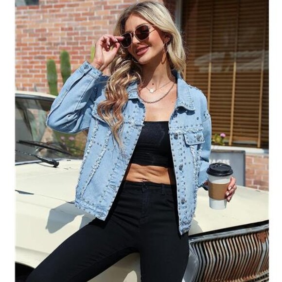 Blue‎ Denim Studded Jacket Distressed Western Embellished Jean Trucker Jacket - Picture 2 of 8